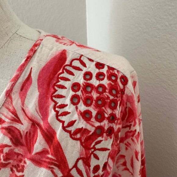 Anthropologie Red Cream Floral V-Neck Long Sleeve Tiered Dress Embroidered M - Picture 9 of 16